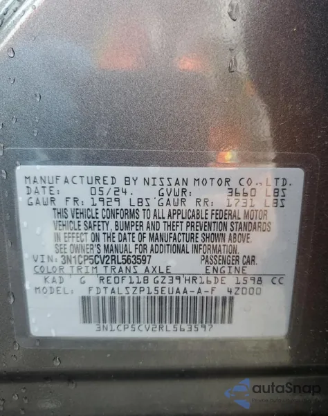 2024 Nissan Kicks Sv z USA, uszkodzony, nr VIN 3N1CP5CV2RL563597